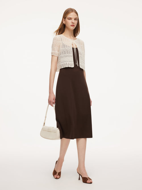 Tie Front Openwork Cardigan And Knit Strap Dress Two-Piece Set