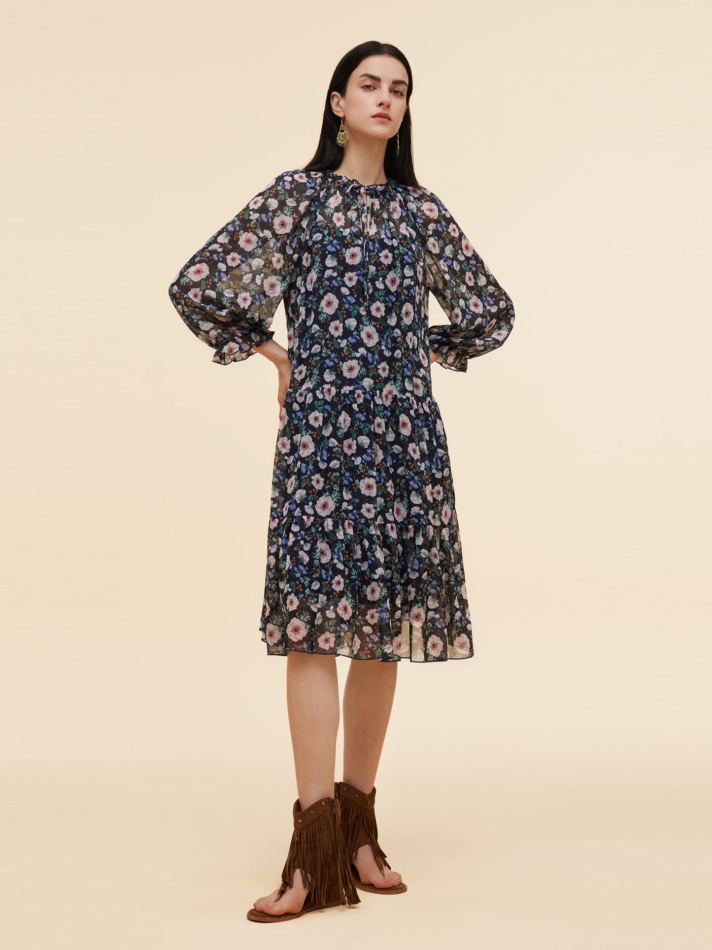10MM Mulberry Silk Floral Print Women Ruffle Collar Midi Dress