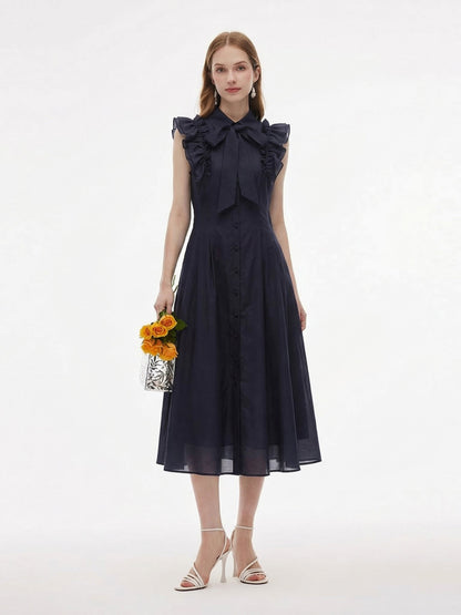 Lyocell Blend Ruffle Women Maxi Dress With Ribbon