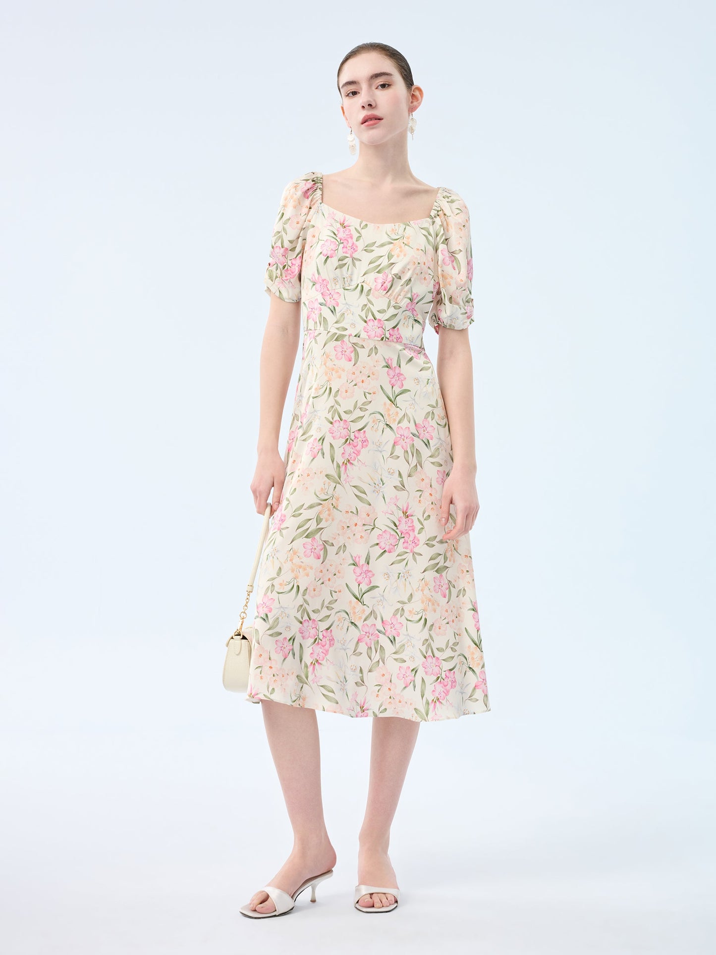 19MM Mulberry Silk Floral Print Women Square Neck Midi Dress