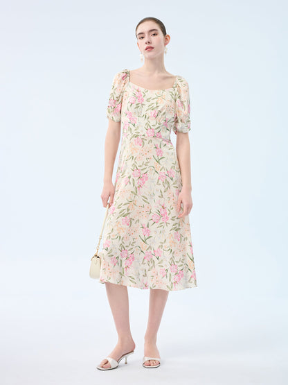 19MM Mulberry Silk Floral Print Women Square Neck Midi Dress