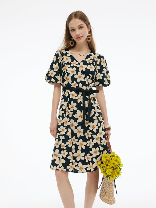 Cotton Stretch Floral Print Women Tie Belt Midi Dress
