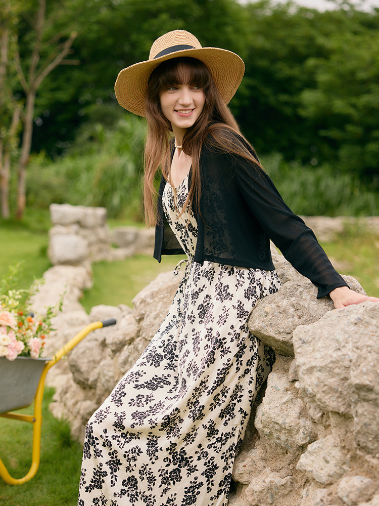 Camellia Print Spaghetti Strap Dress And Knitted Cardigan Two-Piece Set