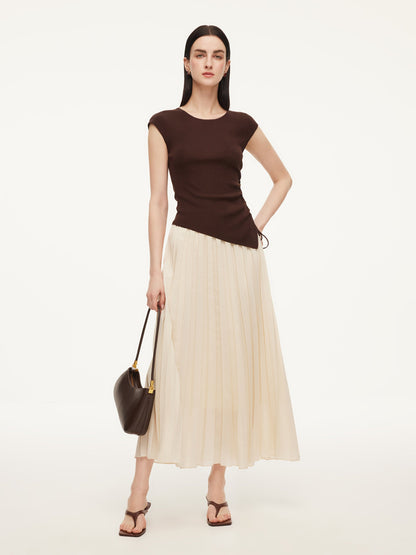 Modal Acetate Blend Asymmetrical Hem Knit Top And Pleated Skirt Two-Piece Set
