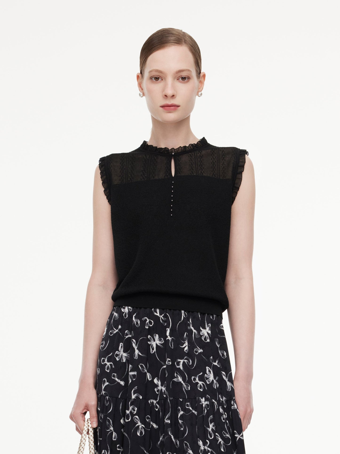 Jacquard Cut Out Neckline Women Ruffle Knit Tank Top