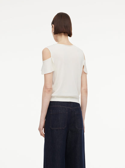 Tencel Blend Ruffle Cold Shoulder Women Knit Top