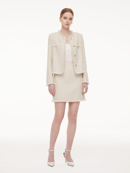 Wool Blend Tweed Fringe Trim Women Jacket