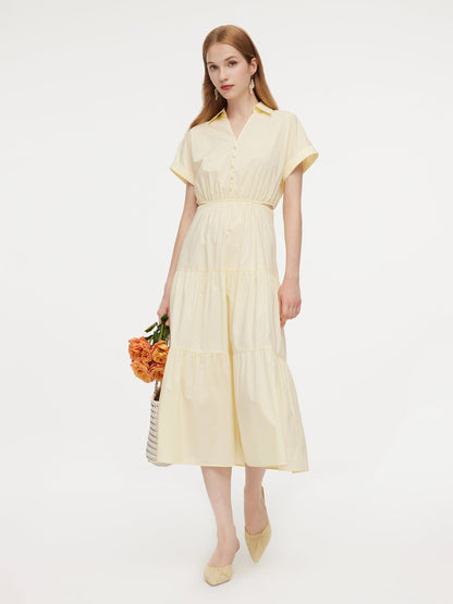 100% Cotton V-Neck Back Tie Women Maxi Shirt Dress