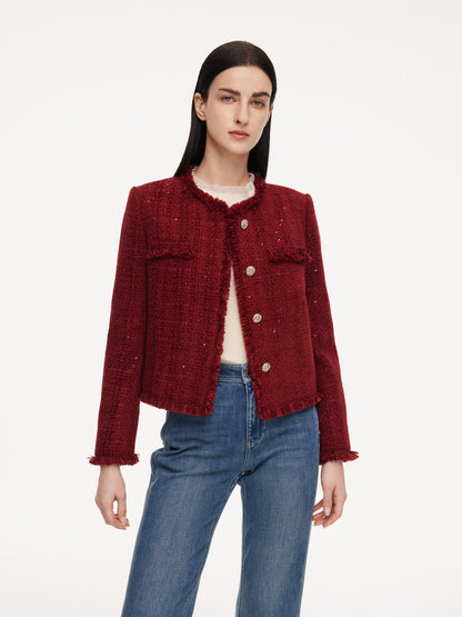 Wool Blend Tweed Sequins Fringe Trim Women Jacket