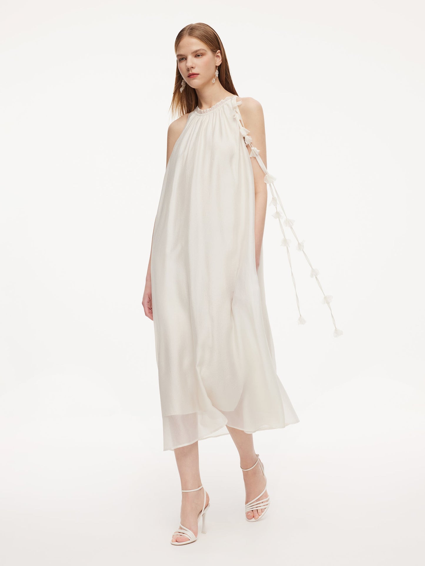 Ruffle Neckline Women Halter Maxi Dress With Floral Ribbon