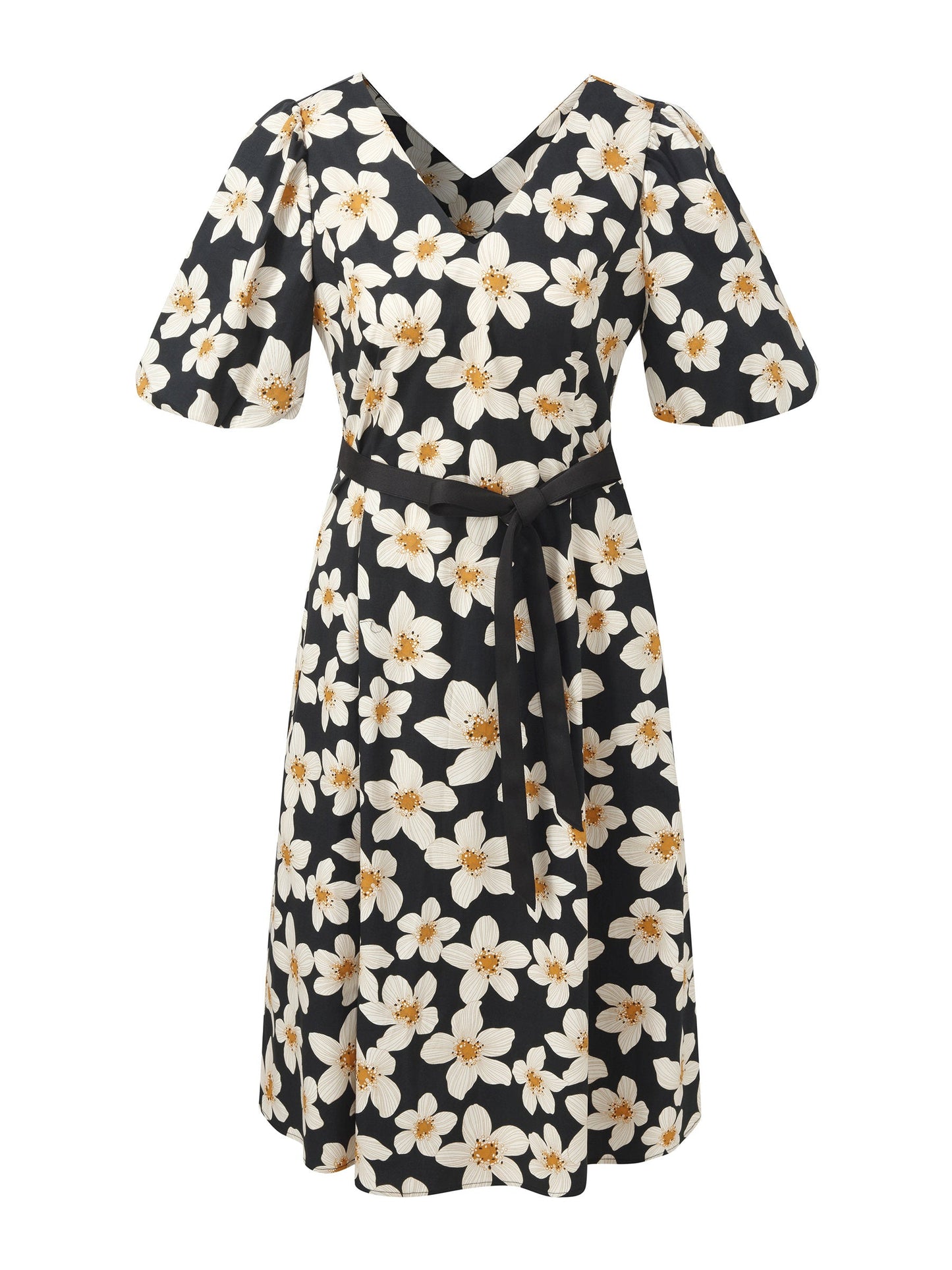Cotton Stretch Floral Print Women Tie Belt Midi Dress