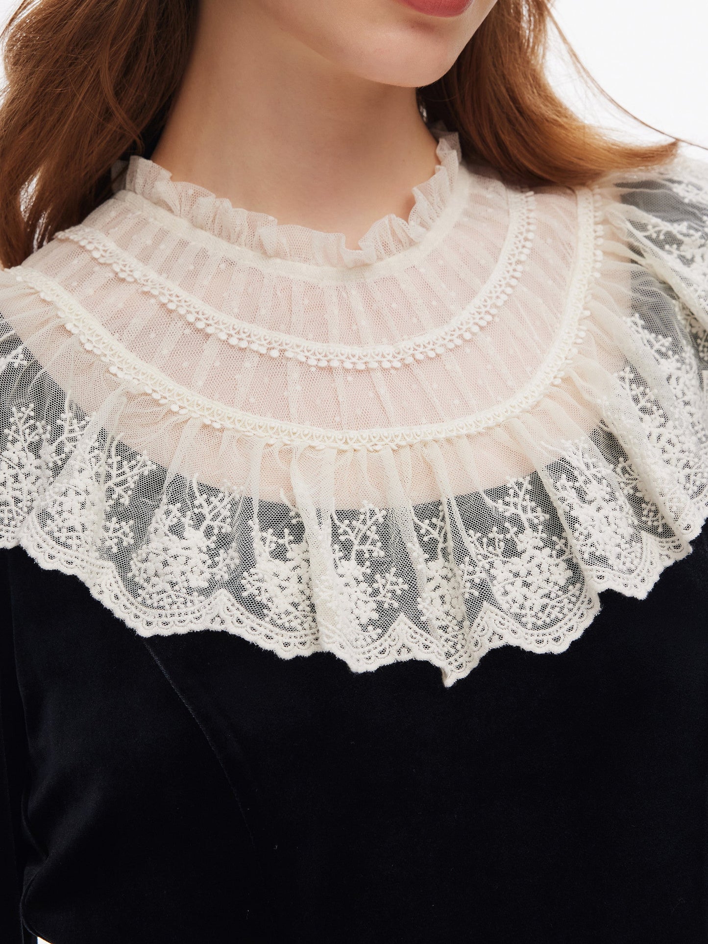 Velvet Sheer Lace Collar Women Midi Dress With Beret