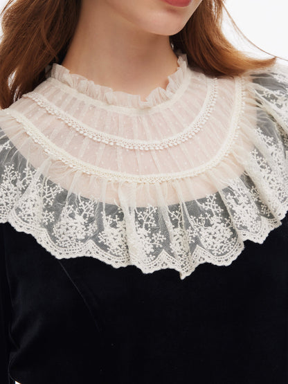 Velvet Sheer Lace Collar Women Midi Dress With Beret