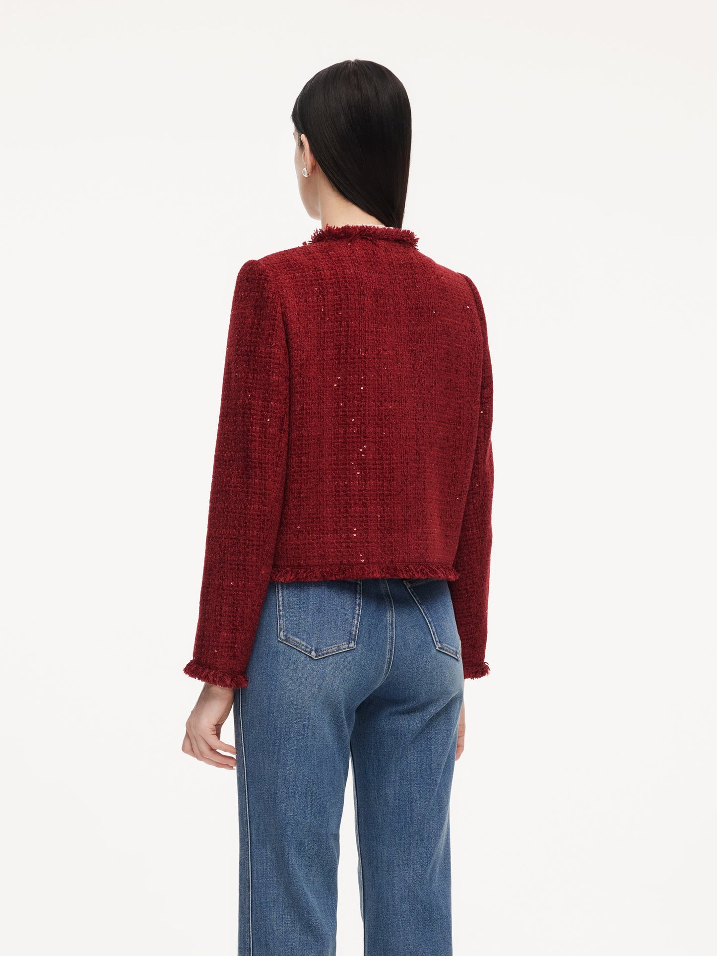 Wool Blend Tweed Sequins Fringe Trim Women Jacket
