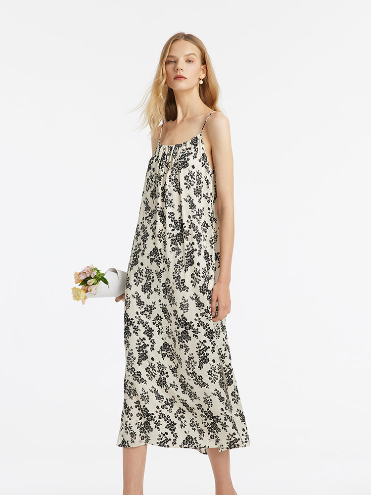 Camellia Print Spaghetti Strap Dress And Knitted Cardigan Two-Piece Set