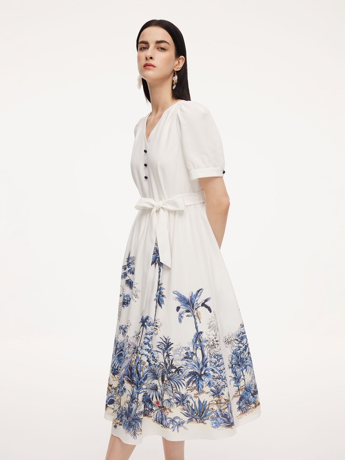 Tencel Linen Floral Print Women V-Neck Midi Dress With Self-Tie Belt