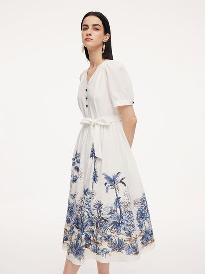 Tencel Linen Floral Print Women V-Neck Midi Dress With Self-Tie Belt