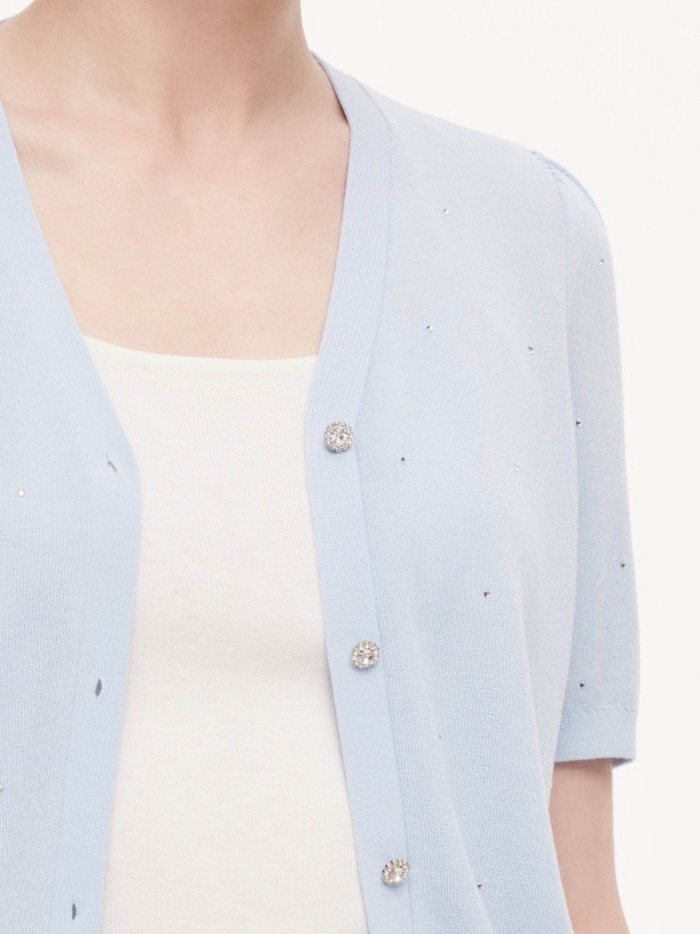 Tencel Wool Blend Rhinestone Women V-Neck Cardigan