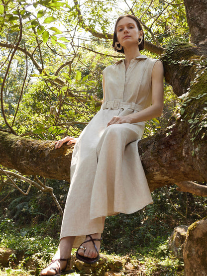 100% Linen Women Vest Maxi Shirt Dress With Belt