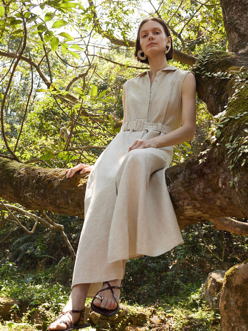 100% Linen Women Vest Maxi Shirt Dress With Belt