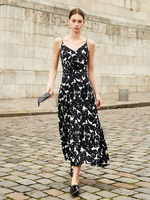 19 Momme Mulberry Silk Iris Print Women Maxi Spaghetti Strap Dress With Scrunchie