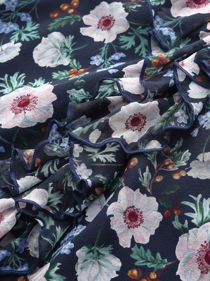 10MM Mulberry Silk Floral Print Women Ruffle V-Neck Blouse
