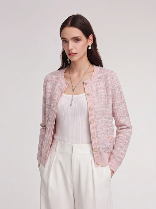 Textured Round Neck Women Stretchy Cardigan