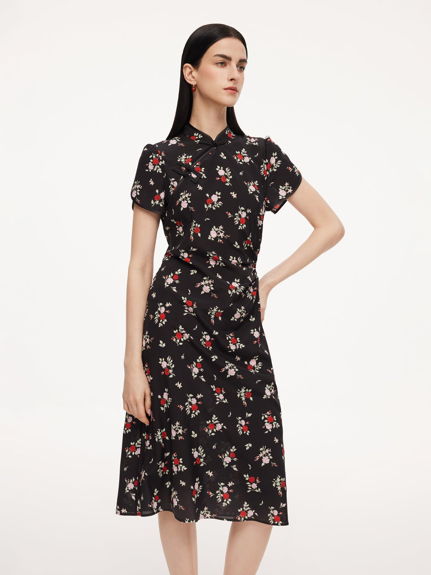 16MM Mulberry Silk Rose Print Women Qipao Midi Dress