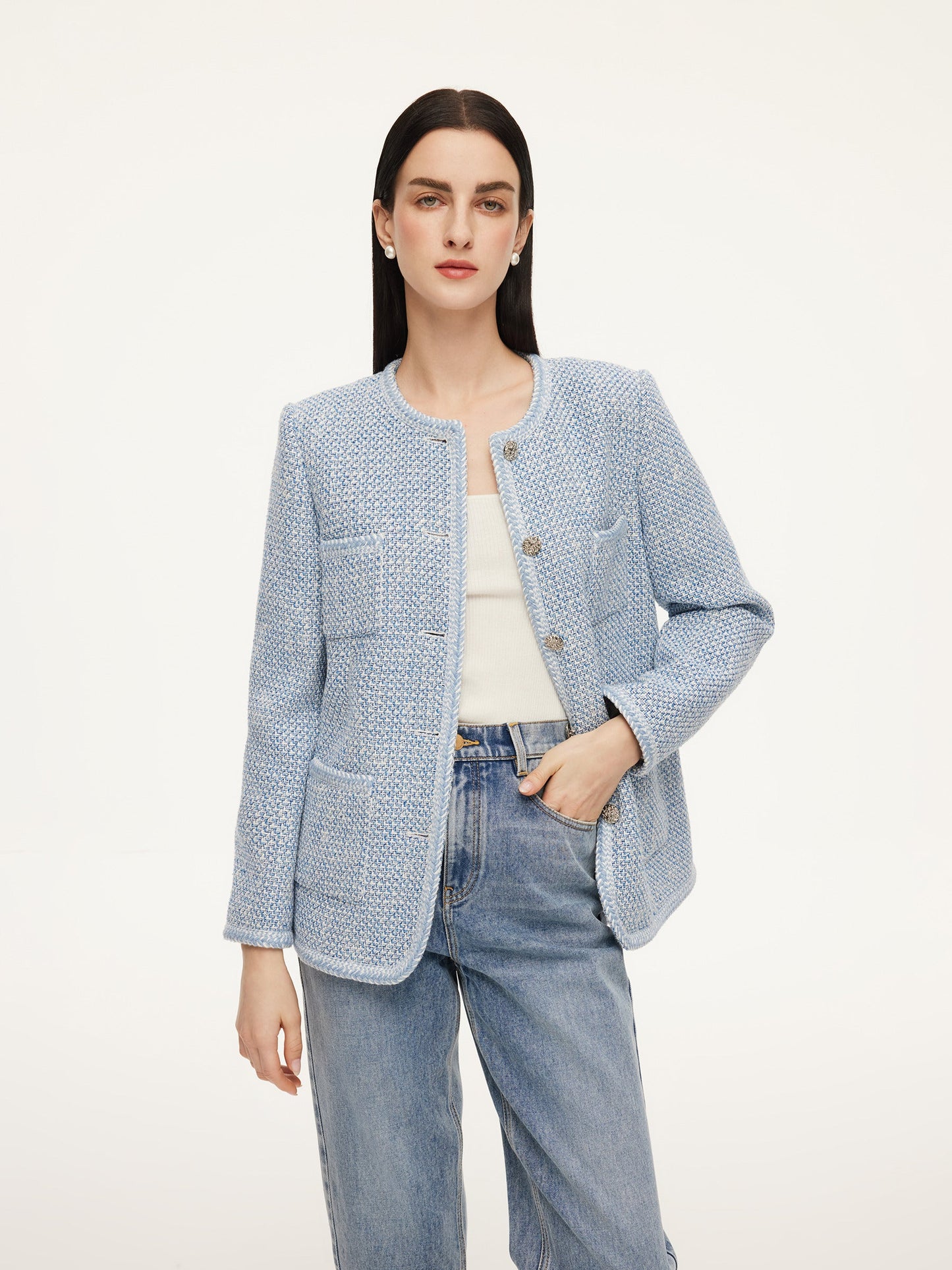 Tweed Single-Breasted Braided Trim Women Jacket