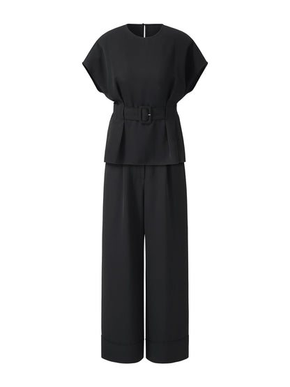 Four-Way Stretch Top And Ankle Length Pants Two-Piece Set With Belt