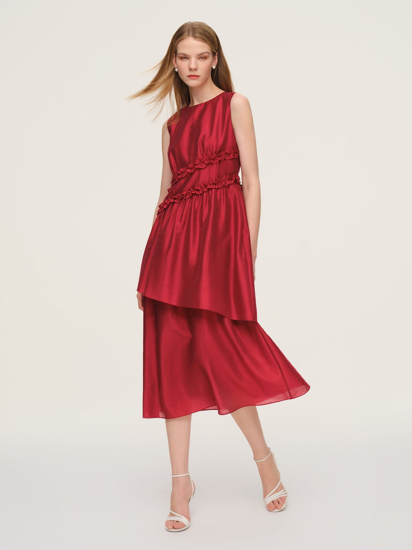 Tencel Blend Ruffle Women Sleeveless Tiered Maxi Dress