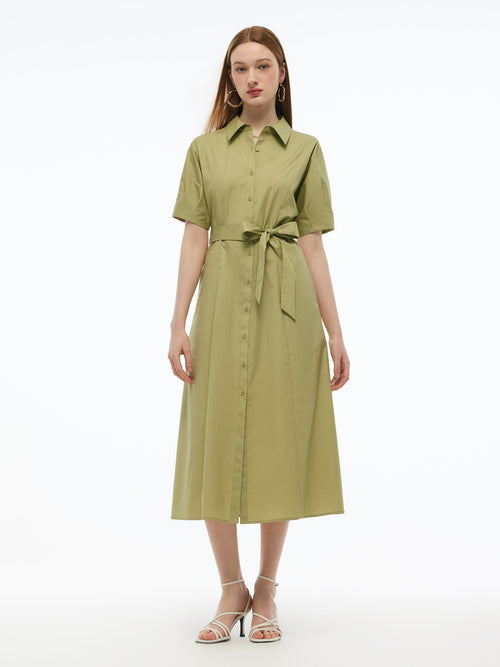 Gathered Waist Stretch Women Maxi Shirt Dress With Belt
