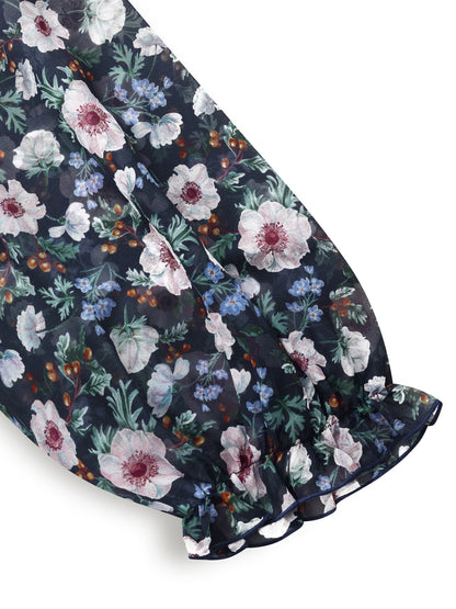 10MM Mulberry Silk Floral Print Women Ruffle Collar Midi Dress