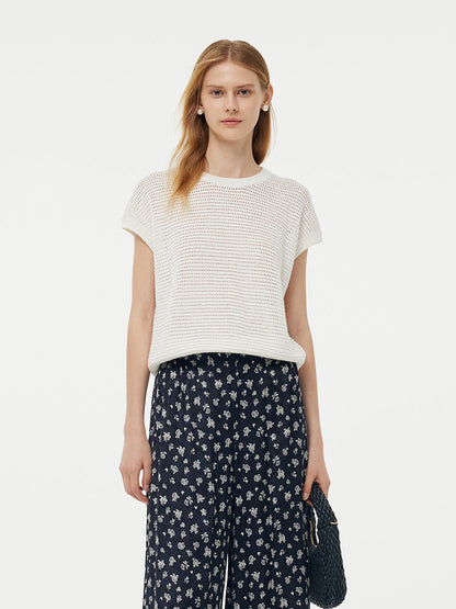 Linen Cotton Sequins Women Open-Knit Top