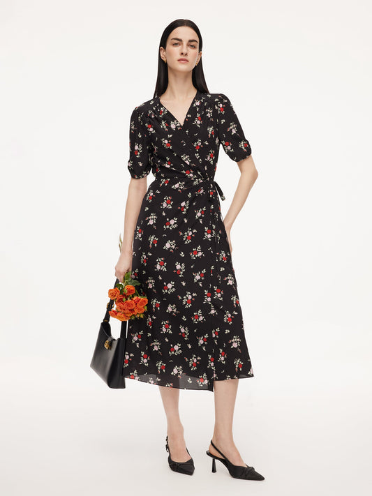 16MM Mulberry Silk Floral Print Women Maxi Wrap Dress