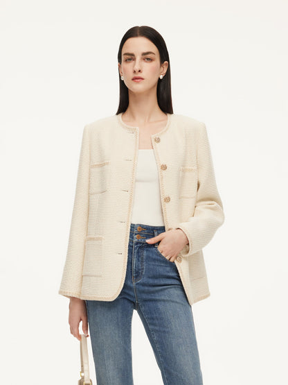 Wool Blend Tweed Braided Trim Women Jacket