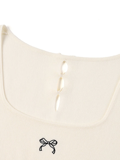 Lyocell Blend Bowknot Embroidered Women Square Neck Knit Top