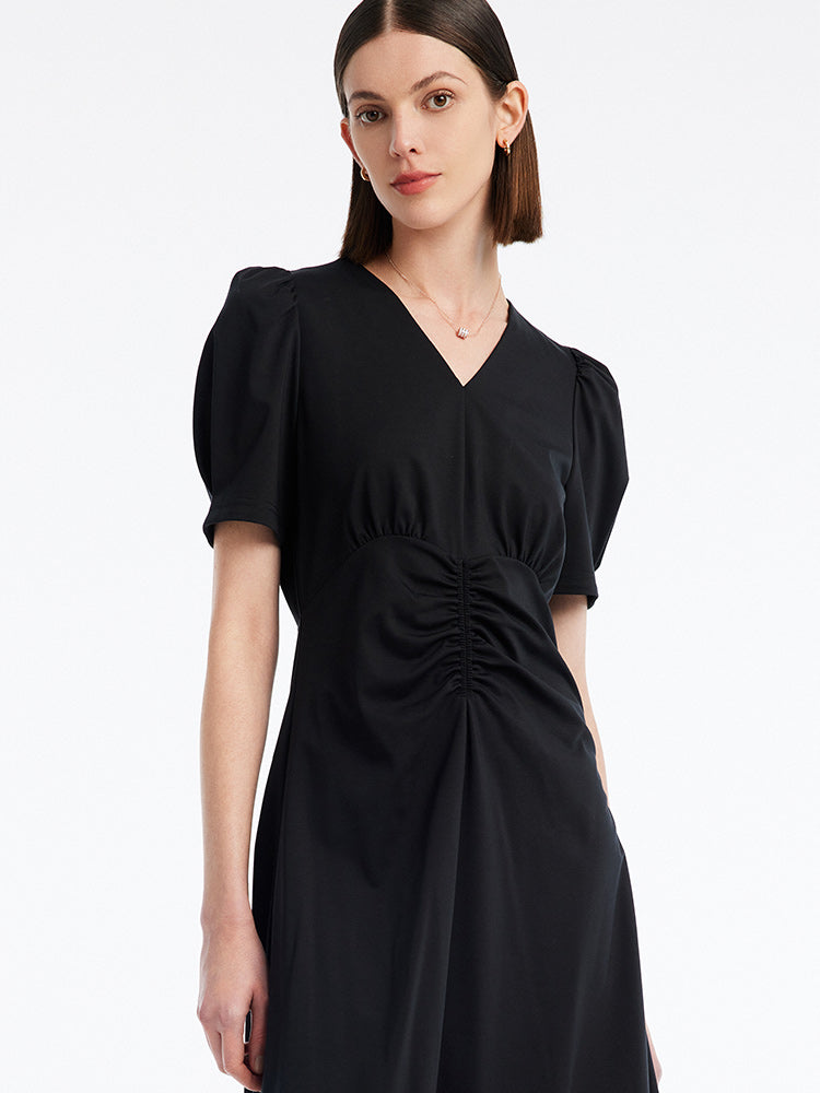 V-neck Pleated Midi Dress