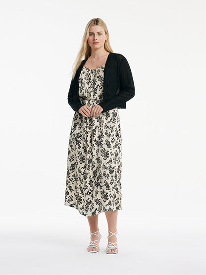 Camellia Print Spaghetti Strap Dress And Knitted Cardigan Two-Piece Set