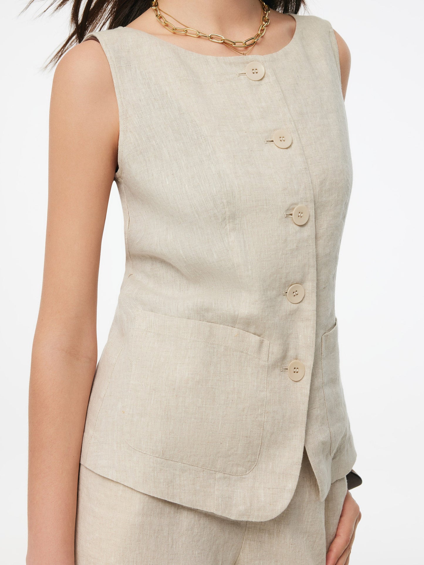 100% Linen Vest And Pants Two-Piece Set