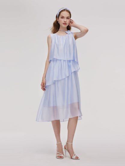 Ruffle Women Tiered Vest Midi Dress With Hairband And Bowknot Choker