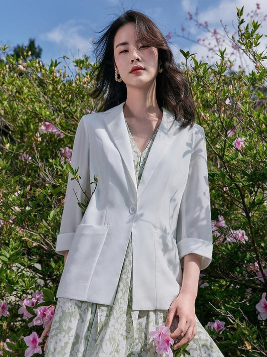 White Triacetate Three Quarter Sleeve Slim Women Blazer