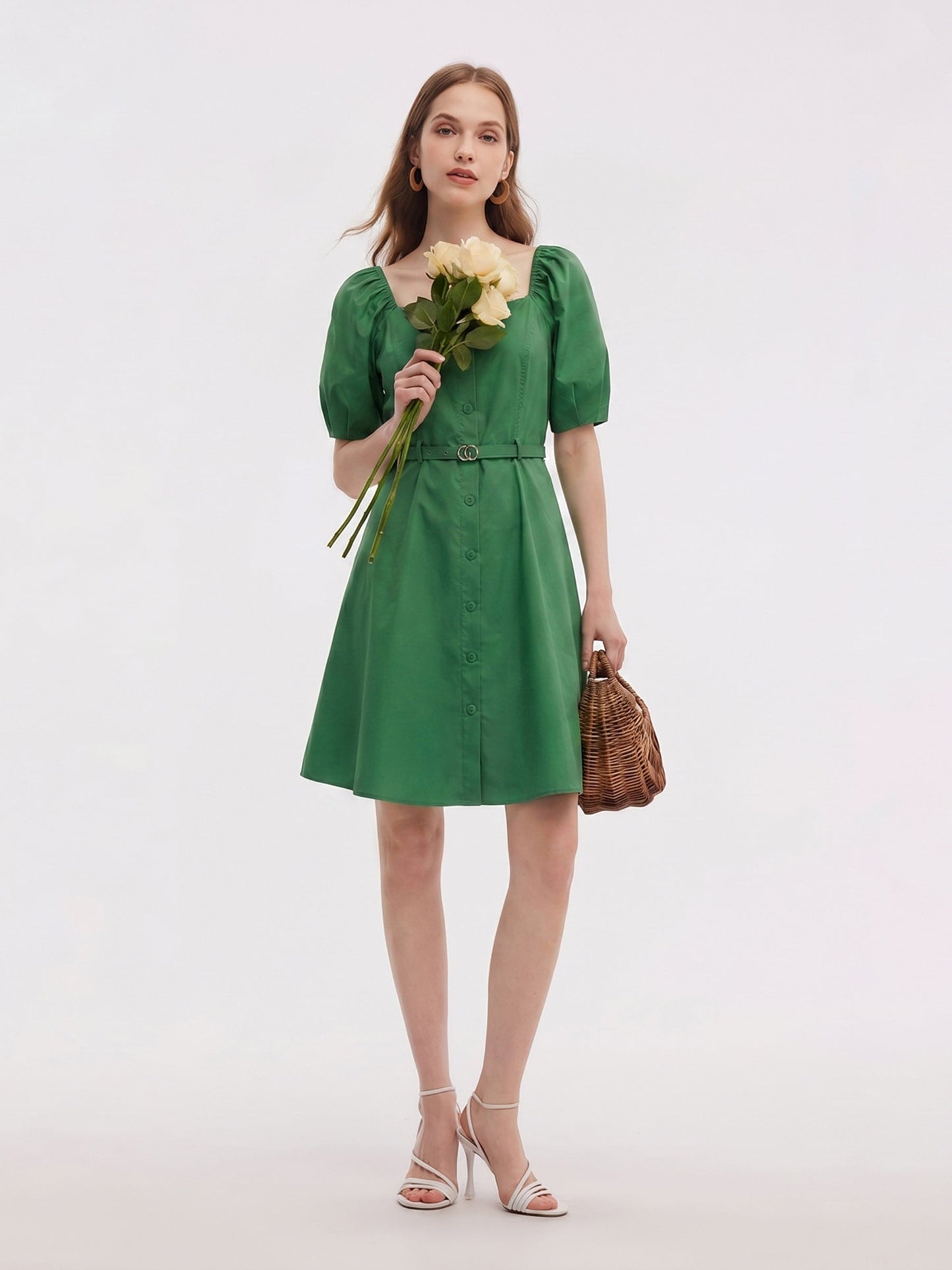 [Preview] Cotton Blend Square Neck Women Belted Midi Dress