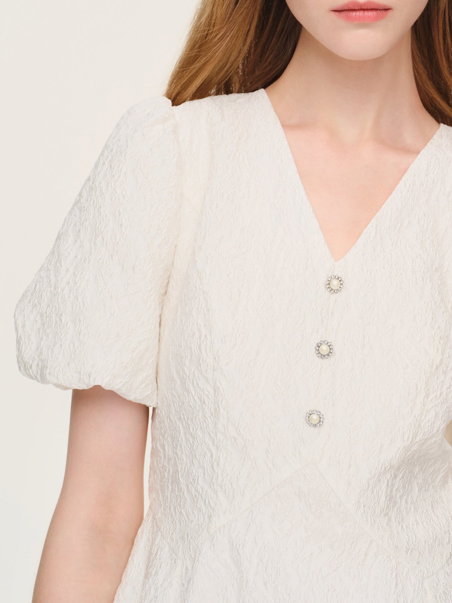 Jacquard Puff Sleeve Women Midi Dress