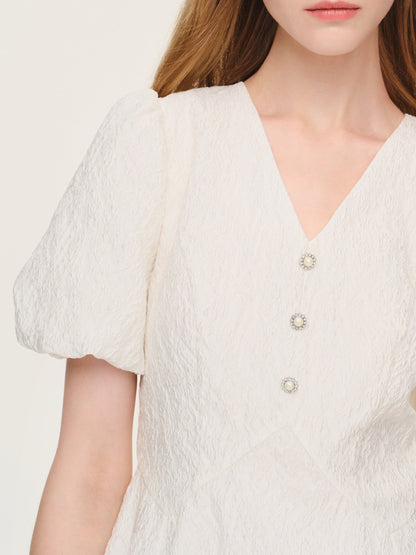Jacquard Puff Sleeve Women Midi Dress