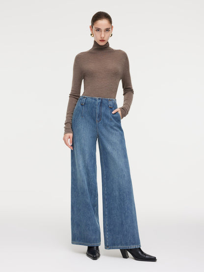 100% Cotton Denim Fleece Lined Women Wide Leg Jeans