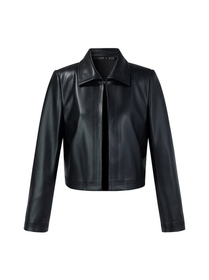 PU Leather Embroidered Trim Women Cropped Jacket