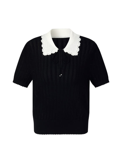Tencel Blend Color Block Tie Front Women Openwork Knit Top