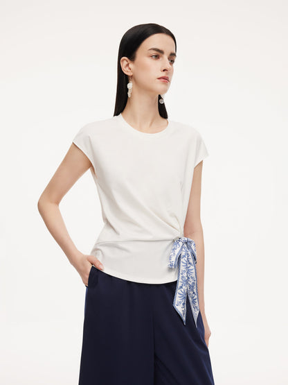 Tencel Blend Twist Front Top And Wide Leg Pants Two-Piece Set With Silk Scarf