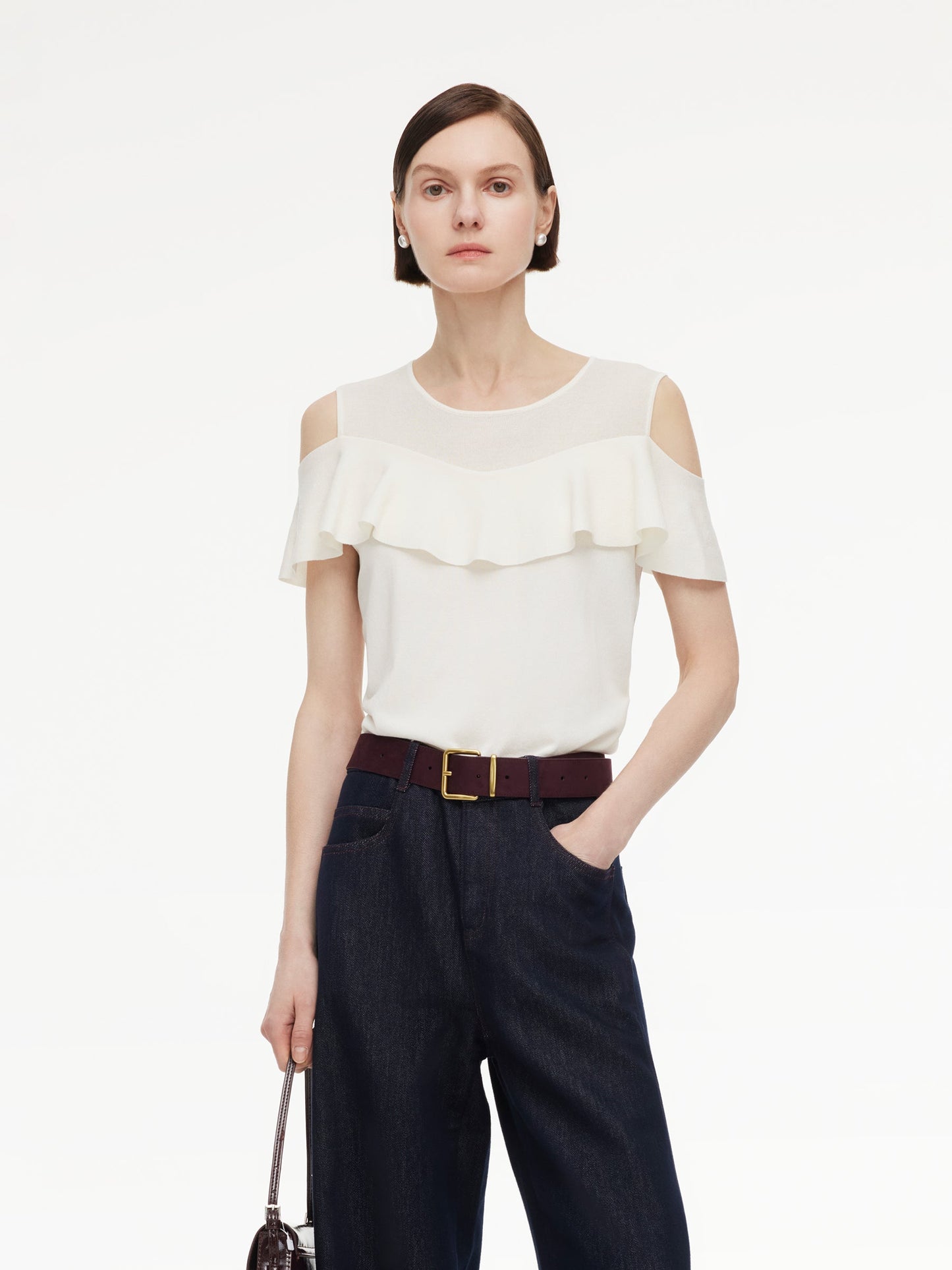 Tencel Blend Ruffle Cold Shoulder Women Knit Top